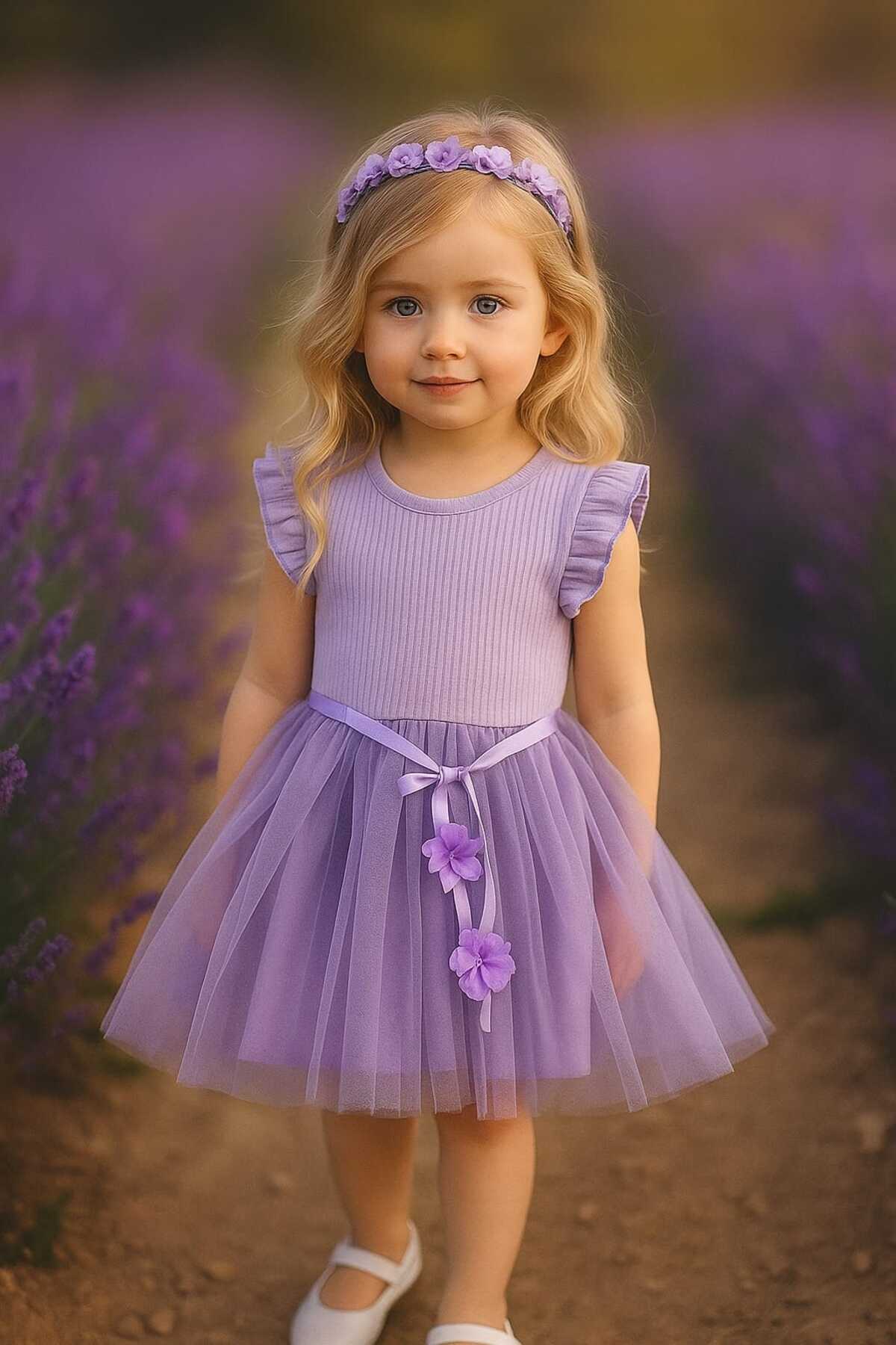 Kız Çocuk Özel Gün Doğum Günü Günlük Yılbaşı Hediye Abiye Pamuklu Tül Prenses Lila Elbise